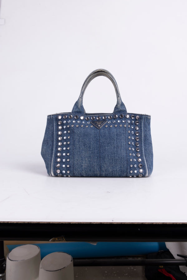 Prada Denim Canapa Studded Tote — Indigo Archive