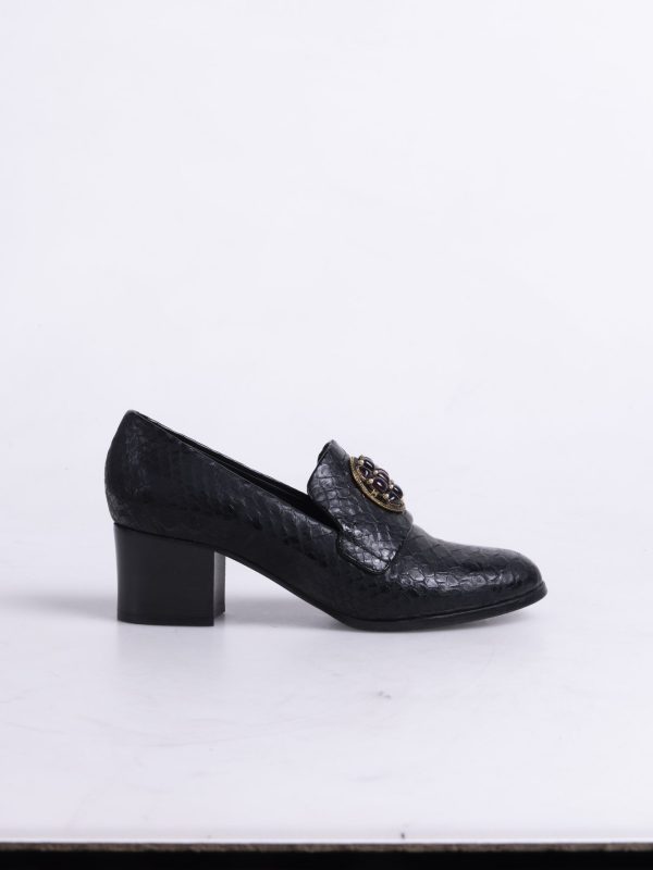 Siyah Krokodil Taşlı Loafer Pump